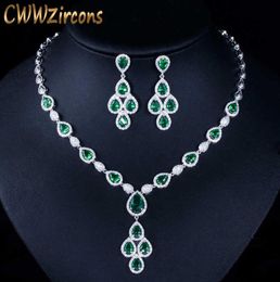 Elegant White Gold Color Green Water Drop Cubic Zirconia Crystal Big Wedding Necklace Earring Set for Brides T285 2107149893281