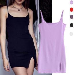 Casual Dresses Good Figure Buy Without Hesitation! U-Neck Pointed Strap Dress Slim Fit Looking Stretch Side Slit Vest Bodycon