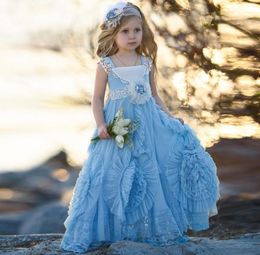 Vintage Light Blue Flower Girls Dress with Gathered Twirl Design Square Neck Lace Pageant Dress For Girls 2017 Lovely Baby Birthda9504341