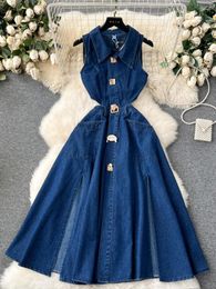 Casual Dresses Retro Denim Dress Women Summer Button Cut Waist Hollow Slim Fit Mid Length Sleeveless Lapel Slit Over Knee