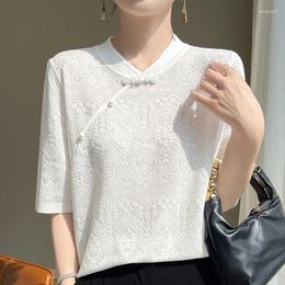 Women's Sweaters YSC 2024 Chinese Style Styles Knitted Silk Pullover Short Sleeved Pure Colour Button Decoration High Quality Cool Sweater