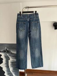 Women's Jeans Vintage Blue Metal Chain Straight High-waisted Double-button Denim Wide-leg Pants Fashion Casual Clothes