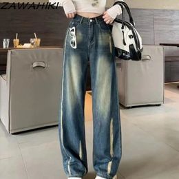 Women's Jeans ZAWAHIKI Autumn American Retro Wide Leg Women Ripped Designed High Waist Straight Y2K Aesthetic Chic All Match Pants