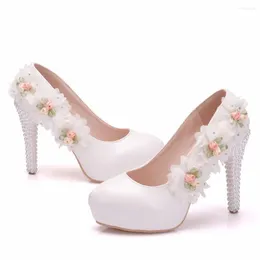 Dress Shoes Spring Summer Lace Flower Round Head White Bridal Wedding Pearl Slim High Heel Platform Party Large Women Sandal