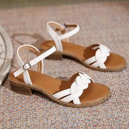 Sandals Women's Summer Soft Leather Retro Roman Flat Bottom Open Toe Low Heel Woven One Button Beach