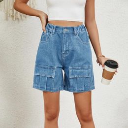 Women's Jeans Women Summer Solid Colour Washed Shorts Elastic Waist Workwear Casual Denim With Pockets Street Vintage
