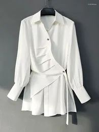 Women's Blouses Fashion Shirt Lapel Single Braested Long Sleeve Asymmetric Fold White Blouse Female Tide Summer 2024 O336