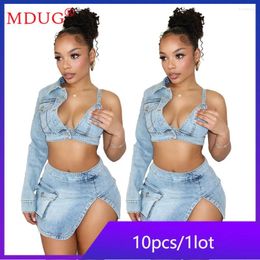 Work Dresses 10sets Summer Two Piece Sets Women Outfits Denim One Sleeve Crop Top Skirt Suit Bodycon Split Dress Y2k Wholesale M13300