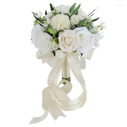 Decorative Flowers Wedding Bouquet For Bride Bridesmaid White Champagne Artificial Rose Flower Bridal Shower Ceremony Anniversary Dropship