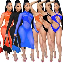 Work Dresses Summer Beach Mesh See Though Midi Dress With Bodysuit For Women Swimsuit Sexy Bikinis Set Matching Two 2 Piece