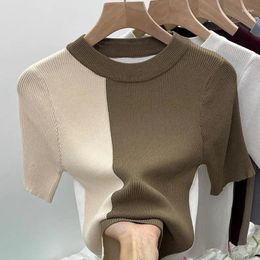 Women's T Shirts American Vintage Sweet Spice Colour Blocking Ice Silk Design Sense Short Sleeve T-shirt O-neck Chic Point Simple Knit Top