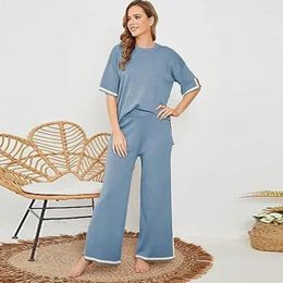 Women's Two Piece Pants 2024 Ice Knitted Short Sleeve Pyjama Suit Set Woman Long Sets Summer Elegant Casual Tops Outfits For Women 30314