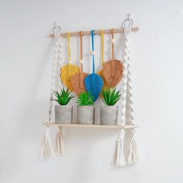 Home Wall Decoration Hand-Woven Tapestry Shelf Boho Decor Colourful Leaves Woven Wall Organiser Greenery Vase Wall Hanging Decor 240409