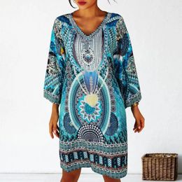 Casual Dresses Long-sleeve Printed Dress Ethnic Style Print Women's Summer Midi With V Neck Long Sleeves Soft Breathable For Knee
