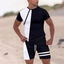 Striped Color Block 3D Print TShirts Shorts Sets Mens Fashion Tracksuits Short Sleeve T Shirt Pants Set Man Suits Clothing 240416