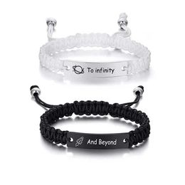 Chain 2 Pcs To Infinity And Beyond Black White Braided Rope Stainless Steel Rocket Adjustable Couple Bracelet Y240420