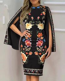 Casual Dresses Summer Vintage Sexy Split Fork Long Sleeve Slim Work 2024 Party For Women Fashion Elegant Printed Bodycon Dress