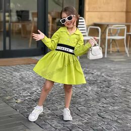 INS Girls letter printed pleated dresses kids lapel long sleeve shirt dress spring children princess clothes Z7791