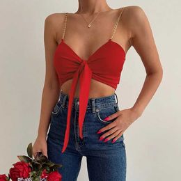 Women's Tanks Camis Sexy Tank Top Wrap Dp V Neck Metal Chain Shoulder Strap Halter Crop Tops Women Bow Bandage Bare Midriff Camisole Cropped Vest Y240420