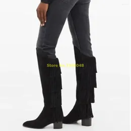 Boots Fringed Suede Knee-high Block Heel Zipper Back Tassel Winter Women Shoes Round Toe Chunky Custom Made Dress