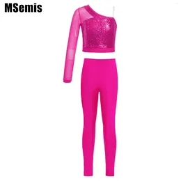 Clothing Sets Kids Girls Jazz Dance Costume Outfit Sequins Top Sheer Mesh One Shoulder Crop With Elastic Waistband Stretchy Leggings