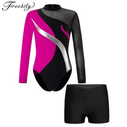 Clothing Sets Kids Girls Figure Skating Gymnastics Leotard Bodysuit Rhinestone Long Sleeve Dancewear With Tight Shorts For Stage Performance