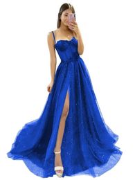 Split Long Prom Dresses Spaghetti Appliques Beading Sequins Sweetheart Lace-up Tulle A-Line Plus Size Formal Occasion Evening Party Gown Pd13
