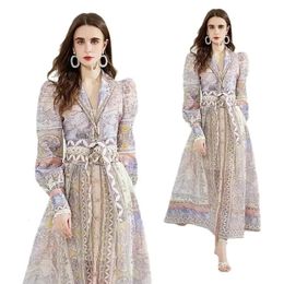 Summer Vintage Printing Dresses Women Chic Long Sleeve Tops And High Waist Long Skirt Suit Female Vacation Street Vestidos 240419