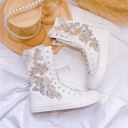 Casual Shoes Original Design High Top Zipper Canvas Fashionable Crystal Tassel Diamond Straps Women's Elevated Inner Height White