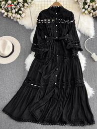 Casual Dresses High Quality Sexy Hollow Out Lace Patchwork Maxi Single Breasted Stand Neck Long Sleeve Belt Party Dress Spring Fall