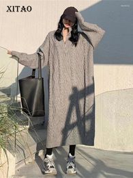 Casual Dresses XITAO Vintage Pleated Dress Knitted Fan Pullover Full Sleeve Solid Colour Minority Loose 2024 Winter SMH1214