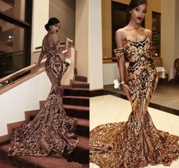 Luxury Gold black Prom Dresses Mermaid off shoulder Sexy African fishtail Prom Gowns Vestidos Special Occasion Dresses Evening Wea6553967