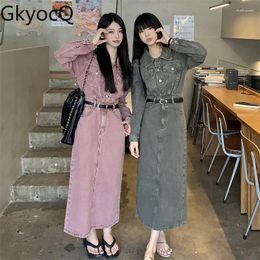 Lässige Kleider Gkyocq Vintage Langarm Denim Kleider Korean Fashion Frühling umdrehen Kragen Straight Female Vestidos