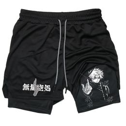 Anime Compression Shorts Summer Sportswear Men GYM 2 In 1 Training Workout Male Fitness Sport 240408