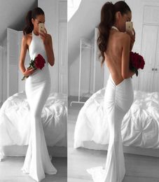 Sexy Backless White Mermaid Prom Dresses Halter Sleeveless 2017 Cheap Long Evening Dresses Fitted Satin Michael Costello Party Dre7225574