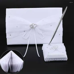 Party Supplies European Style Double Heart Diamante Embellished Satin Wedding Guestbook Pen And Stand