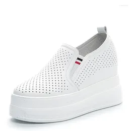 Casual Shoes 9cm Genuine Leather Women Spring Summer Thick-soled Slip-On White All-match Wedge Sneakers