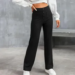 Women's Pants Women Solid Color High Waist Wide Leg Straight Loose Fit Trousers Button Closure Elastic Pockets Casual Lady