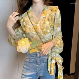 Women's Blouses 2024 Summer Elegant Fashion Bohemian Loose Casual Office Lady Shirt Chiffon Flower V Neck Long Sleeve Y2K Chic Tops