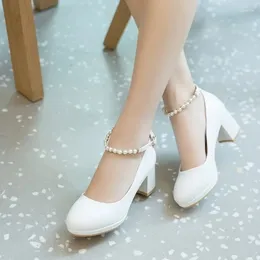 Dress Shoes Pumps Spring And Autumn Fashion String Bead Round Head Shallow Mouth Buckle Thick Heel High Women's Shoe Plus Size 34-43