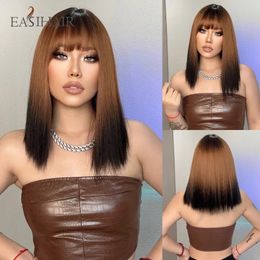 EASIHAIR Black to Brown Ombre Synthetic Wigs with Bangs Middle length Natural Hair Wigs Cosplay Hair for Women Heat Resistant 240409