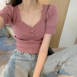 Women's T Shirts Summer Chic Puff Sleeve Cropped Tops Ladies Sexy T-shirts Women Vintage V-Neck Single Breasted Slim Knitted Tshirt