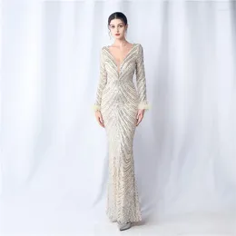 Casual Dresses Women Sexy Deep V Neck Long Sleeve Gold Sequined Formal Occasion Evening Party Prom Cocktail Maxi 2024 Luxury