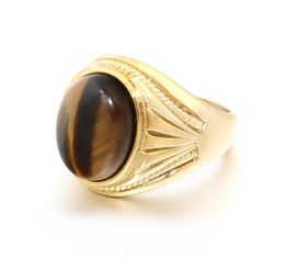 Male Gold Vintage Men Boy Oval Tiger Eye Brown Stones Symbol Ring in Stainless Steel Jewelry Mens Access5620760