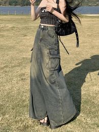 Skirts GUUZYUVIZ Retro High Waist Pocket Cargo Jeans Women Y2k Streetwear Gray Back Split Denim Long Skirt