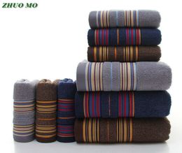 ZHUO MO 3Pieces Thicker Stripe Pattern Soft Cotton Towel Set Bathroom Super Absorbent Bath Towel blue gray brown Face Towels T2004167110