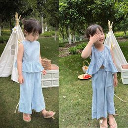 Clothing Sets 2pc Girls Set Summer Cute Ruffles Plaid Vest Tops And Wide Long Pants Trousers With Pant Children Clothes