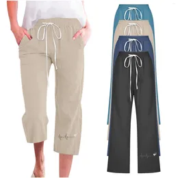 Women's Pants Womens Elastic Waist Printed Casual Loose Pocket Cotton Linen 7/10 Leisure Jogging For Women