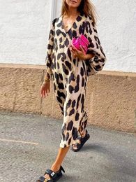 Casual Dresses Spring Summer Leopard Dress Women's Fashion V Neck Lantern Sleeve Elegant Office Holiday Female Loose Robe Femme