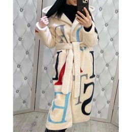 Letter Fashion 2024 Large Print Long Woollen Coat Women's